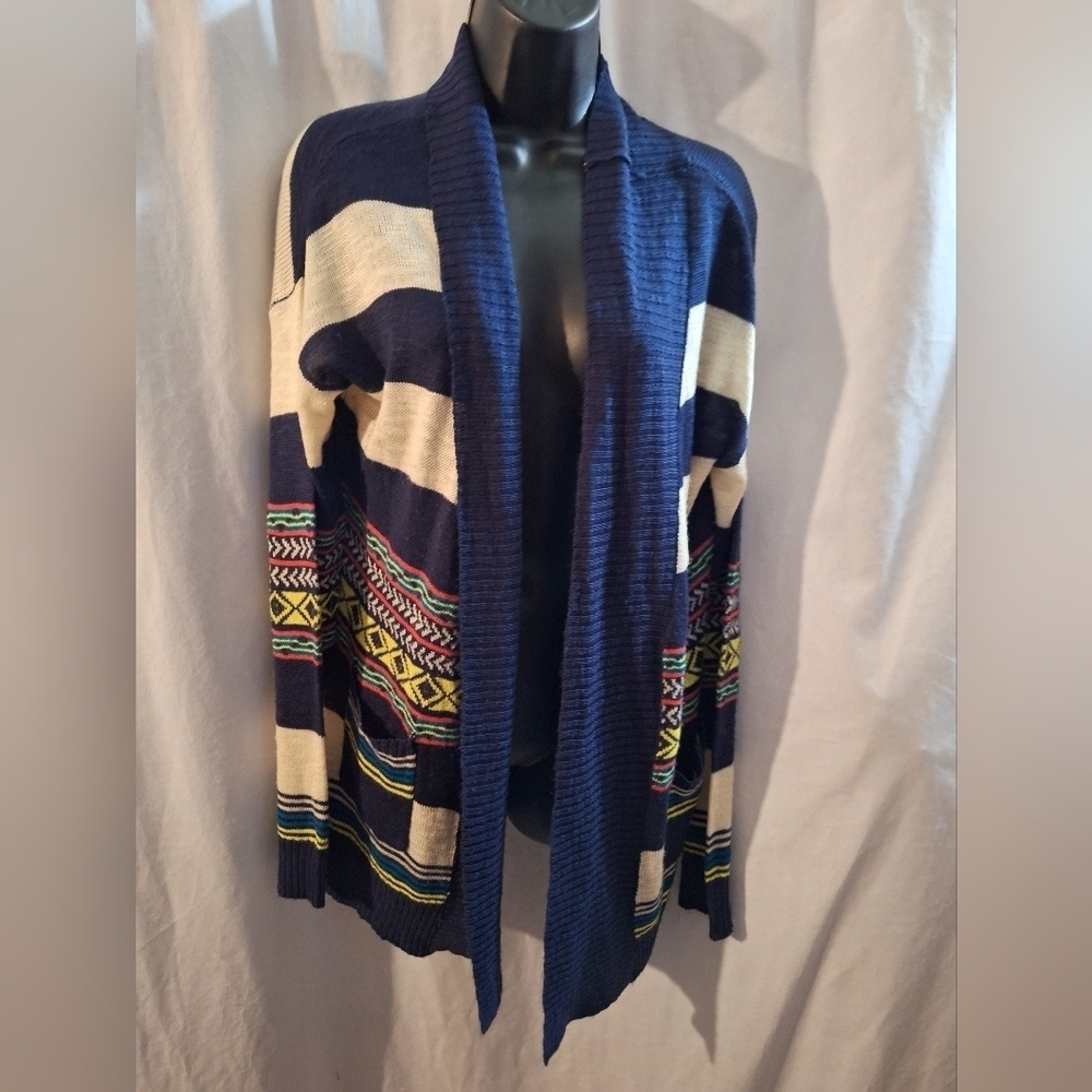 Abound Navy and Cream Cardigan with Colorful Patterns